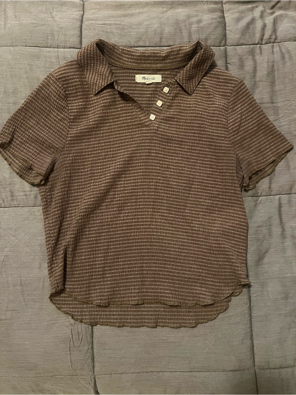 Madewell Brown tan stripe crinkle crop polo tee shirt ruffle button small - Picture 3 of 5